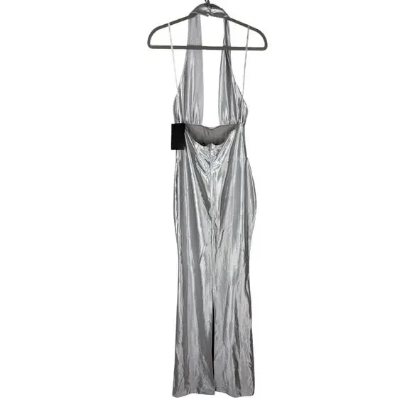 Retrofete Charity Gown Maxi Halter Party Formal Gala Prom Classy Guest Silver S